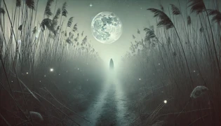 A lone traveler hurries along a misty trail as a glowing figure hovers in the reeds