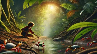 Arin apenas escapando de un cocodrilo de agua salada durante un salto a orillas de un río en los Sundarbans.