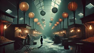 A nearly empty, dimly lit bazaar at night—the Araby fair winding down as a disappointed boy stands alone.