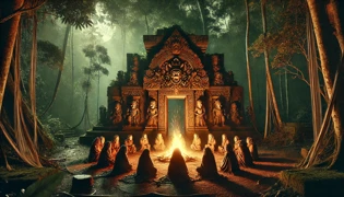 Chaman warao accomplissant un rituel au feu sous la pleine lune