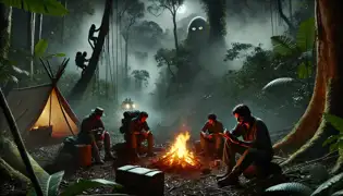 A nighttime jungle campsite with four explorers around a fire, tension in the air, and glowing eyes watching from the shadows.