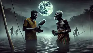 Kwame and Nana Kofi stand by the Volta River at night, listening for whispers rising from the misty water.