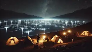 A nighttime expedition camp on the shore of Lake Issyk-Kul, with mysterious lights forming patterns on the water.