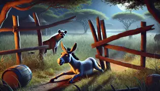 A foolish donkey is stuck under a wooden fence at night while a sly hyena watches from the tall grass, ready to escape.