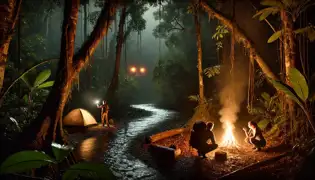 A jungle campsite at night with glowing amber eyes watching from the shadows near the fire.