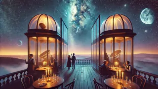 L’extérieur de l’auberge à minuit, les lumières scintillantes alors que l’air vibre d’une énergie temporelle.