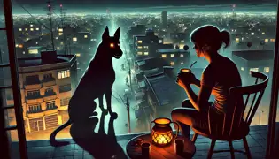 Rosa sits on her balcony, gazing at the glowing-eyed Black Dog standing in a shadowed alley below.