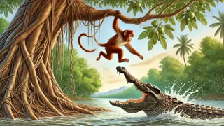 Monkey leaping back to the safety of the riverbank as the crocodile snaps