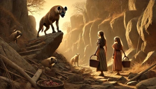 Two sisters gently leading a humbled giant hyena along a highland trail at sunset