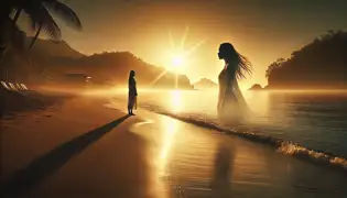 A golden sunrise over Marigot Bay as Amara stands on the shore, watching Anaya's ghostly form fade into the mist, finally at peace.