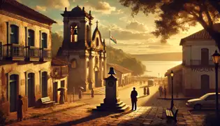 A peaceful morning in Itauguá, with the ruins of San Roque Chapel and a plaque commemorating the legend of the Silver Bell.