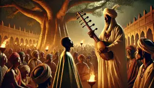 Baba Karamogo plays his kora under the baobab tree as Prince Demba listens humbly, surrounded by a captivated crowd in Niani.