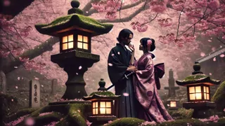 Masaru and Aiko embracing beneath cherry blossoms at the shrine
