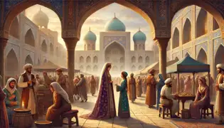 Princess Gulnor walks through Samarkand’s marketplace after victory, greeted warmly by her people.