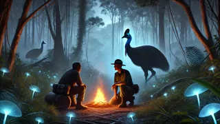 A ranger and a reformed hunter kneeling by a glowing feather as a cassowary watches from the shadows