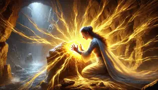 Ásta kneels before the Heart of the Mountain as golden energy bursts from the crystal, transforming her.