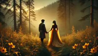 At dawn, Lucian and Irina stand hand in hand in a misty clearing, surrounded by golden wildflowers and soft light.