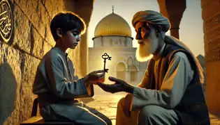 Yusuf passes a golden key to Sami near Al-Aqsa Mosque, with the golden dome glowing under a warm sunset.