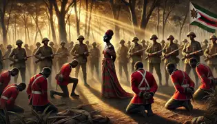 Mbuya Nehanda stands tall, surrounded by British soldiers as captured Shona warriors kneel nearby in the fading light.