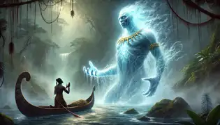 Kibwe kneels in his canoe before N’kunga, the glowing water spirit, as the river swirls with supernatural energy around them.