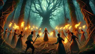 Villagers with torches face Lavinia and Emilia in a glowing forest clearing as vines and branches defend the circle of oaks.