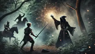 A fierce battle between a prince and a dark sorcerer in an enchanted forest, with magic and sword clashes illuminating the scene.