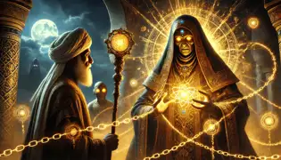  The Guardian of the Seal confronts Al-Muhtazir, her staff glowing with golden magic as she binds him in chains of light.