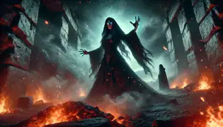 A powerful witch with glowing eyes emerges from shadows near an altar, casting a supernatural force as two explorers watch in terror.