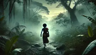 Chipo walks through a misty jungle at dawn, carrying a small pouch of offerings, heading toward the sacred river for her quest.