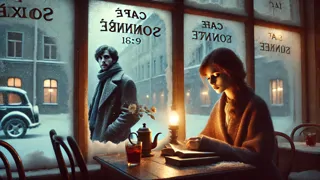Alexei gazing through a frosted café window at a young woman reading