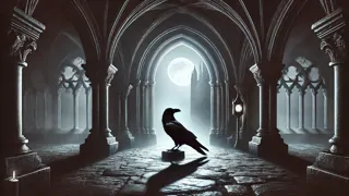 Une silhouette de corbeau contre une arche gothique éclairée par la lune, remplie d'ombres rampantes