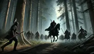 Prince Csaba leads warriors through a shadowy forest, illuminated by shafts of moonlight.