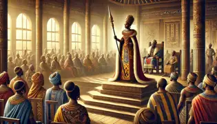 Queen Nzinga addressing her court in Matamba, standing on a platform holding her spear amid advisors and warriors.