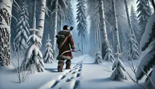 Eero, a Sami hunter, follows fox tracks through a dense, snow-covered forest illuminated by the northern lights.