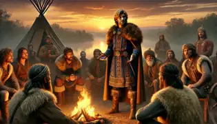 Prince Csaba addresses Hun clan leaders by the Tisza River during a fiery sunset.