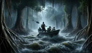  small boat carrying a team navigates stormy waters in Zapata Swamp, under heavy rain and surrounded by looming mangroves.