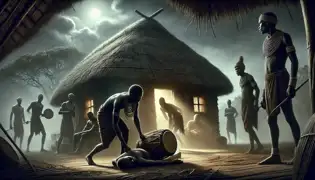 Chief Mbulu’s men steal the magical drum from Nfumu’s hut under moonlight, leaving him unconscious on the ground