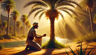 Khalid kneels by the transformed palm tree, holding a golden date, with tears in his eyes as sunlight bathes the oasis.