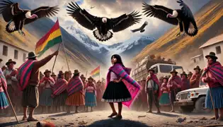 Villagers blocking mining vehicles in a Bolivian village, with Nayra leading and condors flying above.