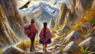 Two teenagers climbing a steep Andean path toward a sacred cave with condors circling above.