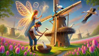  Lila repairs a windmill near tulip fields while storks nest on the blades. The Tulip Fairy hovers nearby, glowing softly.