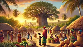 A thriving village with children playing under the Sacred Baobab as villagers tend to crops; Nia and Mama Amina observe.