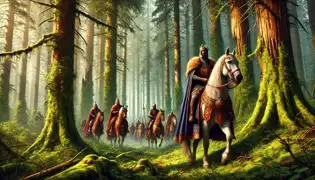 King Rüdeger and his knights riding through a dense forest on a quest under filtered sunlight.