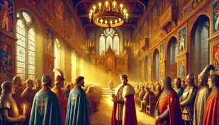 King Rüdeger stands in the grand hall, addressing his court about the minstrel's tale under golden light. 