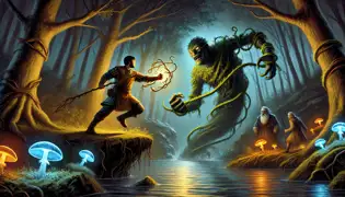 Luka and Stone Shepherds battling a shadowy Morana creature near the Dragonja River, using vines and glowing light.