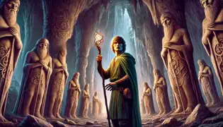 Luka holding a glowing stone staff in a cavern filled with statues of the Stone Shepherds glowing faintly.