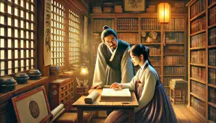 Soorin and Joon share a quiet moment in his bookshop, surrounded by bookshelves and warm lantern light as they bond.