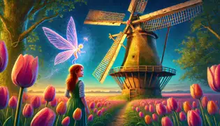 Lila examines a weathered windmill by glowing tulip fields under the moonlight, guided by the shimmering Tulip Fairy.