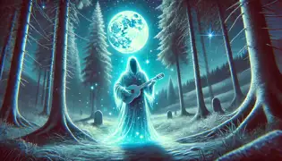 The ghostly minstrel Lorenz glowing faintly, playing a lute in a moonlit snowy clearing.