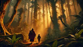  Isidro and Caleb walk through a dense Andean forest at dusk, with mystical energy in the air.